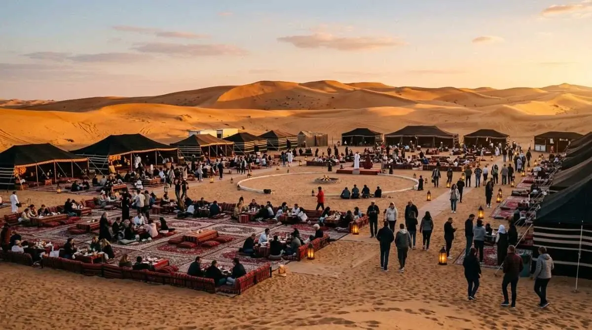 Desert safari camp in full swing at golden hour in February, the peak of the Abu Dhabi season