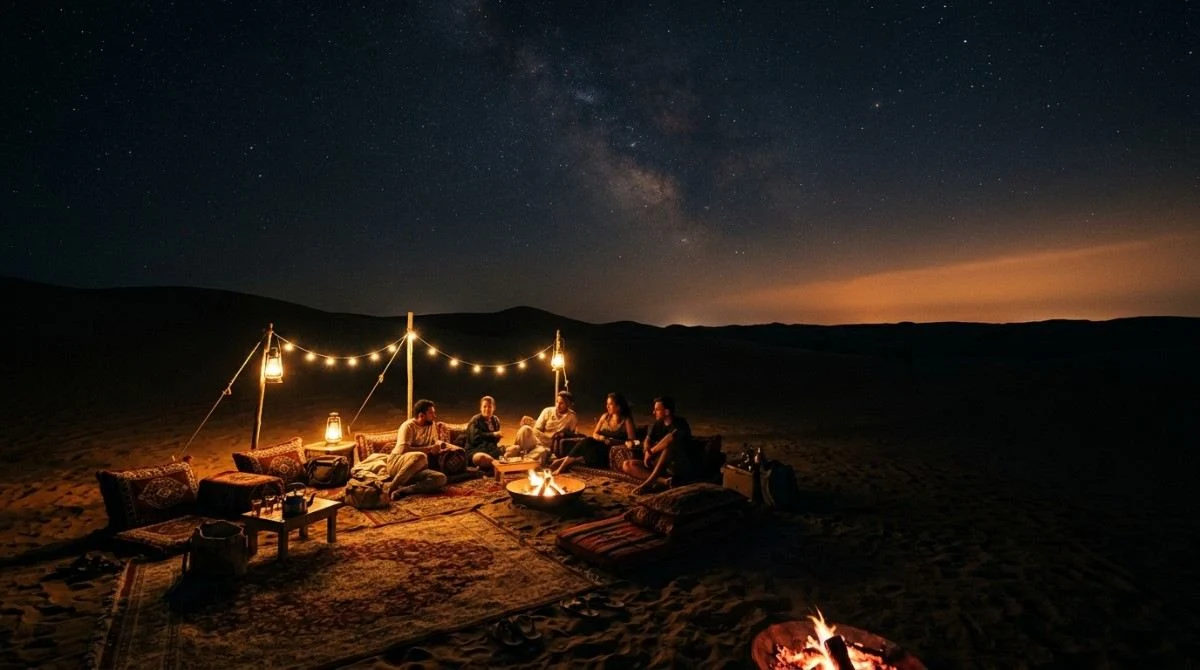 The desert camp lit by lanterns after dark in July, when the safari runs only in the evening