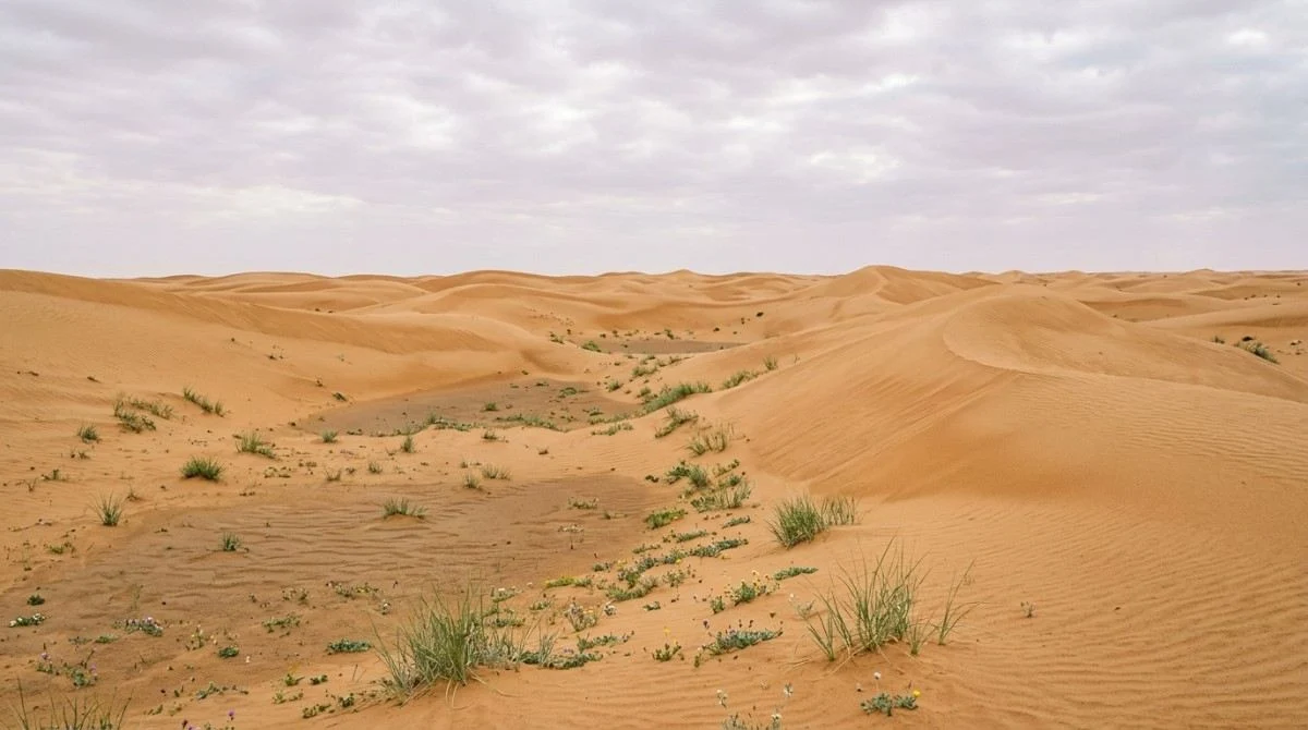 Sparse green desert grass between the dunes after spring rain in March near Abu Dhabi
