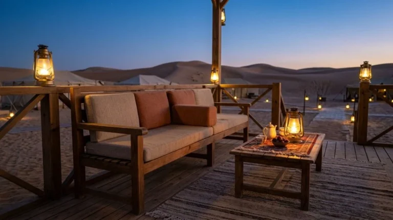 Supportive backed seating with cushions at the Abu Dhabi desert camp for older guests