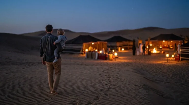 A parent carrying a small child at the Abu Dhabi desert camp in the cool of the evening