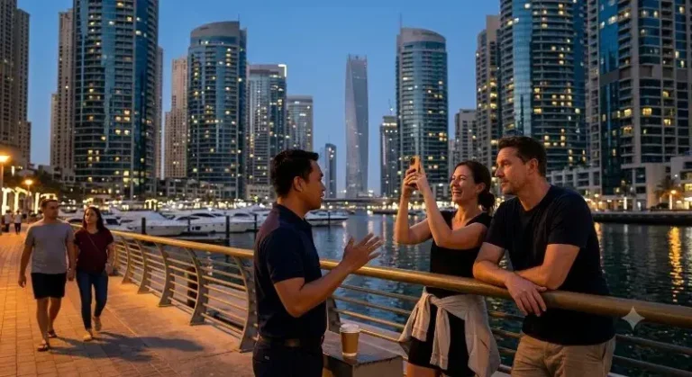 Guests looking out over the Dubai Marina skyline on a Dubai city tour from Abu Dhabi
