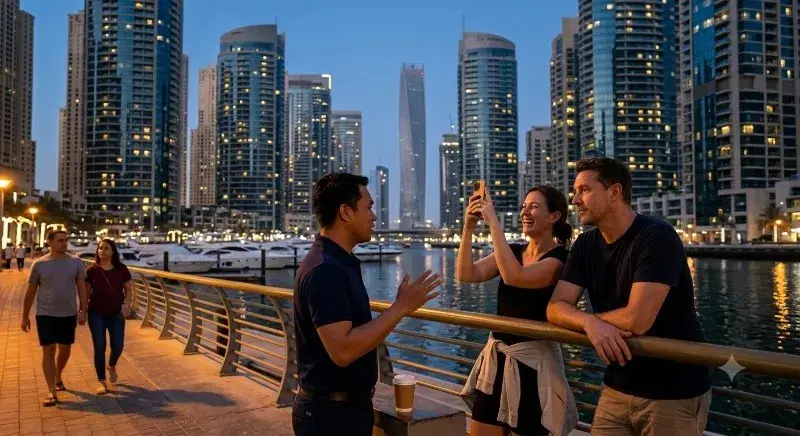 Guests looking out over the Dubai Marina skyline at dusk on a Dubai city tour from Abu Dhabi