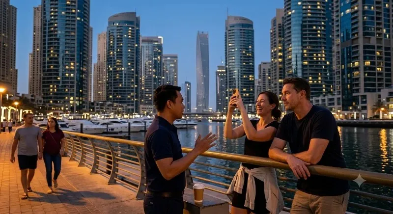 Guests looking out over the Dubai Marina skyline at dusk on a Dubai city tour from Abu Dhabi