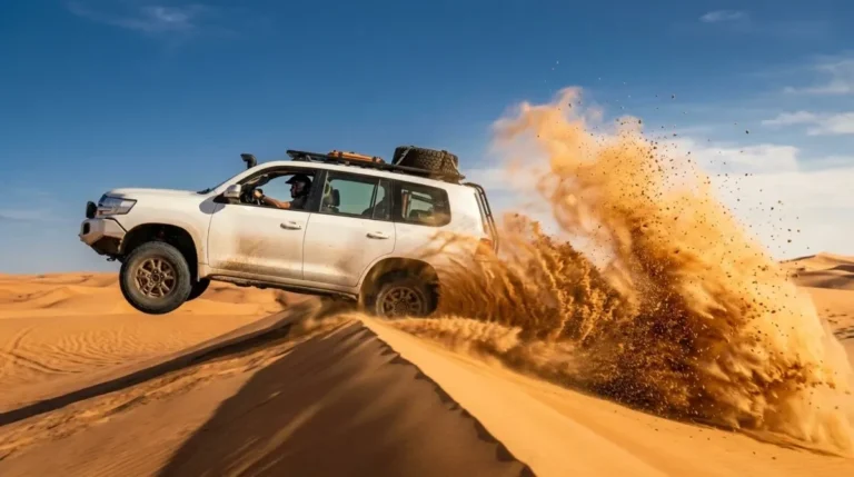 4x4 throwing up a wall of sand as it crests a dune while dune bashing