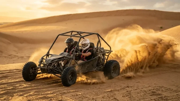 Two riders in helmets driving a dune buggy through soft sand at sunset