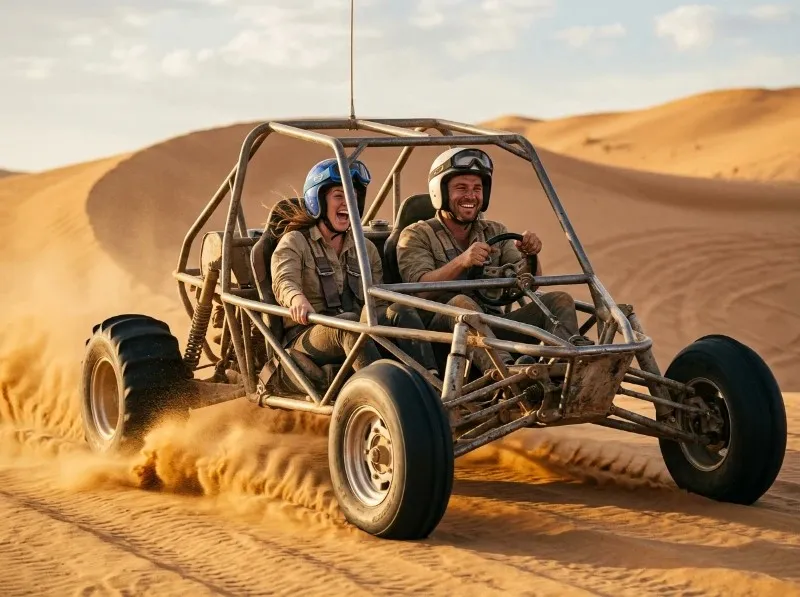Two guests driving a two-seater dune buggy across the sand dunes on a dune buggy tour in Abu Dhabi