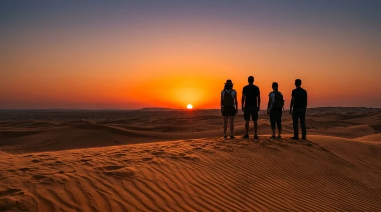 Four guests watching the sun drop behind the dunes on an evening desert safari near Abu Dhabi