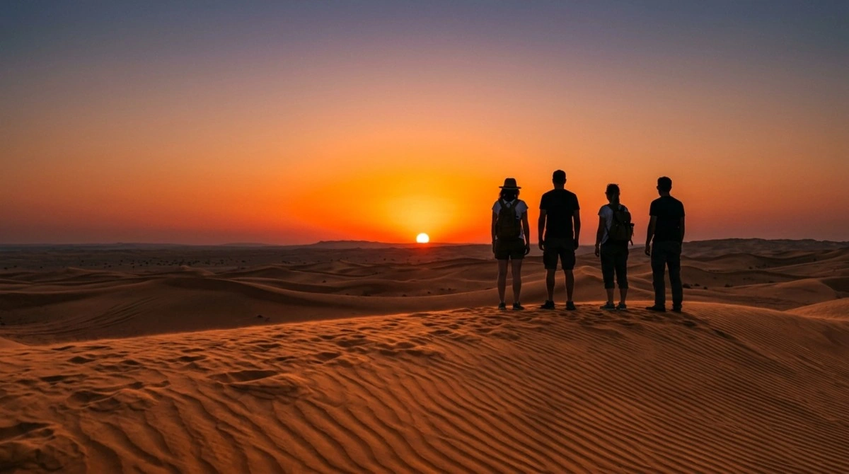 Four guests watching the sun drop behind the dunes on an evening desert safari near Abu Dhabi