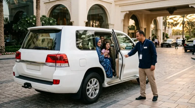 A family setting off on a short desert safari from their Abu Dhabi hotel