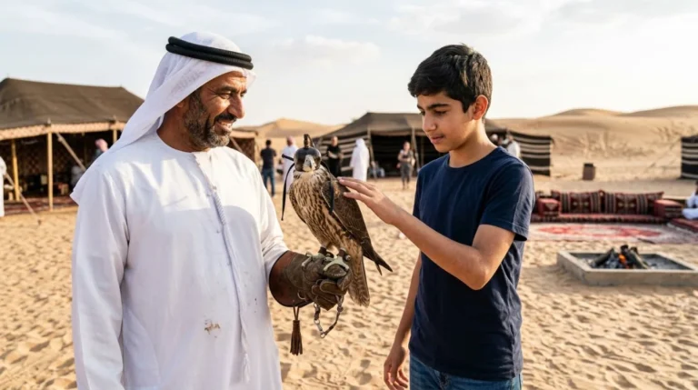 A falcon on a handler&rsquo;s glove for guest photographs at a desert camp near Abu Dhabi