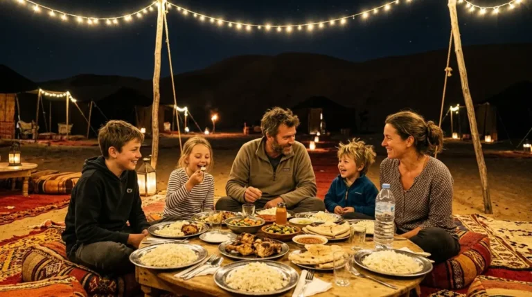 A family sharing BBQ dinner together at a desert camp near Abu Dhabi