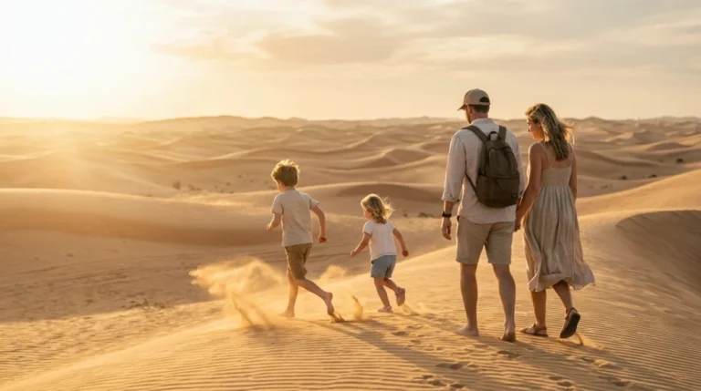 A family with two young children walking barefoot over the dunes at sunset