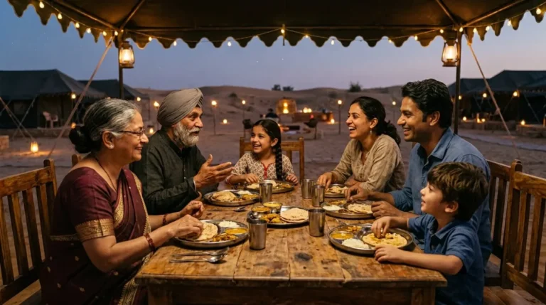 Three generations of a family sitting together at dinner in an Abu Dhabi desert camp