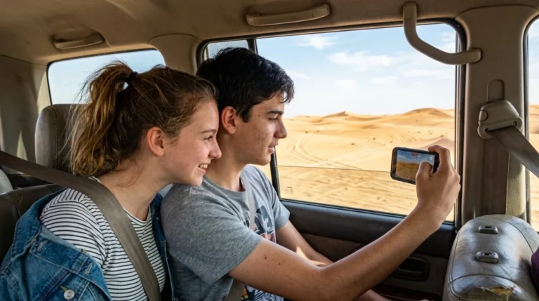 A teenager filming the dunes through the car window during dune bashing near Abu Dhabi
