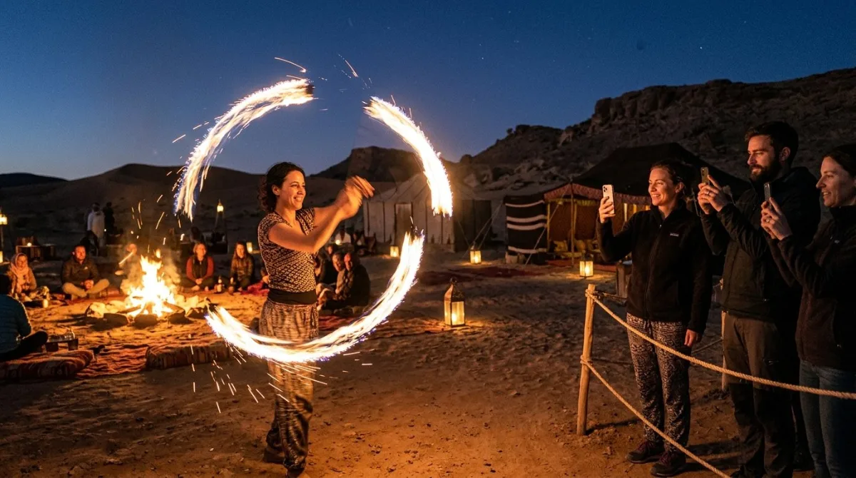 A fire performer swinging burning poi in wide arcs at night at an Abu Dhabi desert camp