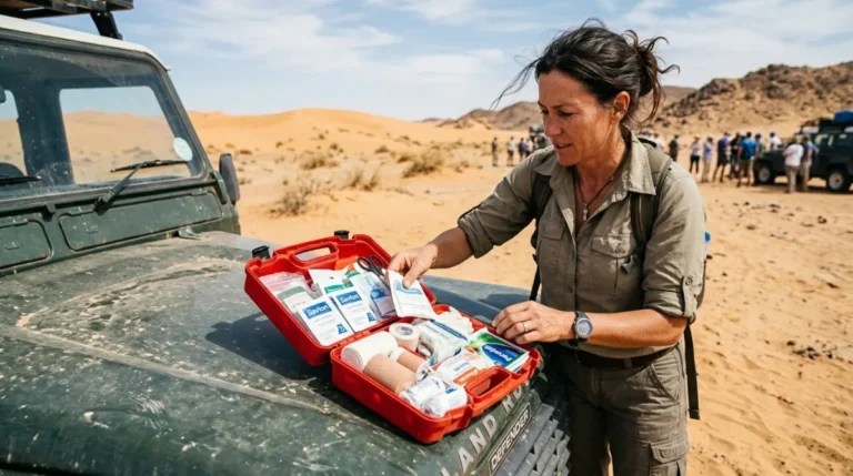 A guide checking an open first aid kit on the bonnet of a 4x4 in the Abu Dhabi desert
