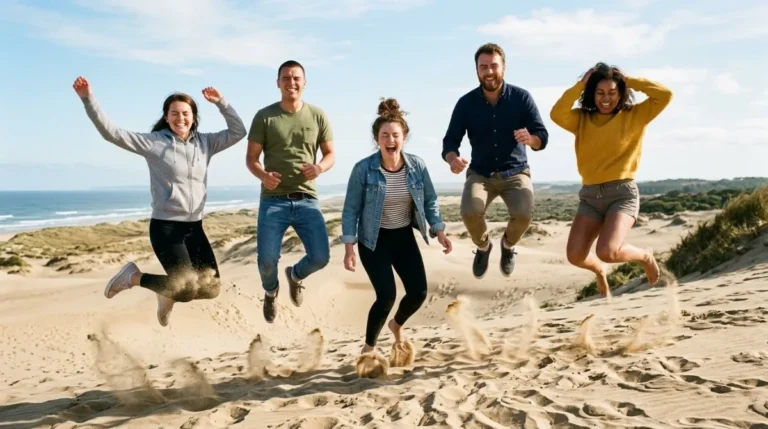 Friends jumping together on a dune with sand flying up during an Abu Dhabi desert safari