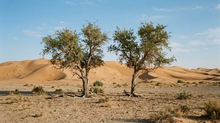 Ghaf trees standing on flat desert ground with dunes rising behind them near Abu Dhabi