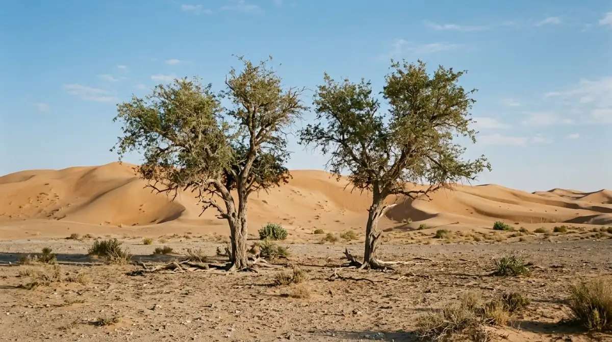 Ghaf trees standing on flat desert ground with dunes rising behind them near Abu Dhabi