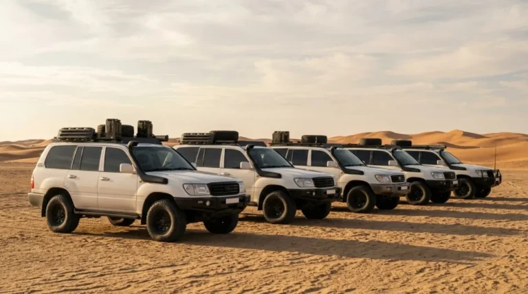 Golden Dunes Land Cruisers lined up on the sand before a safari departs