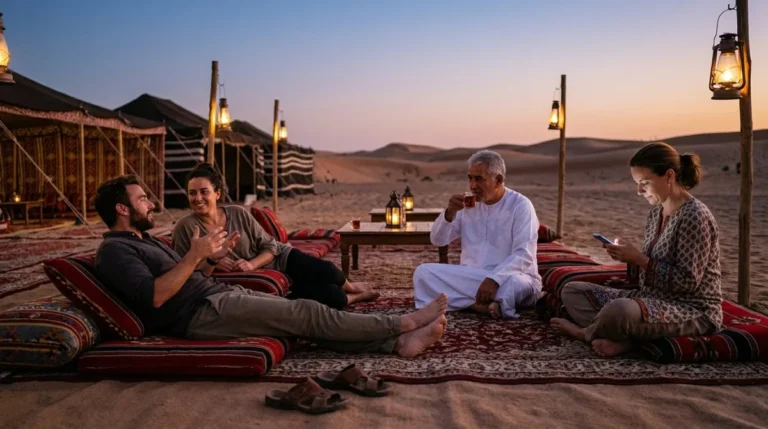 Guests resting on carpets and cushions at an Abu Dhabi desert camp