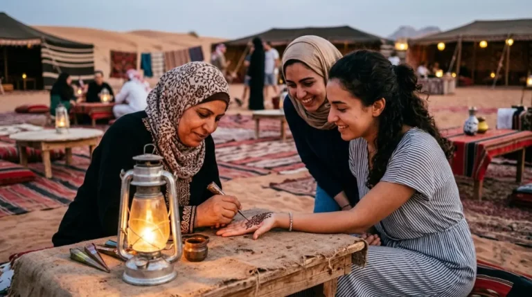 A henna artist painting a floral pattern on a guest’s palm by lantern light at an Abu Dhabi desert camp