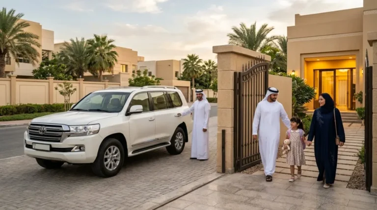 A 4x4 collecting a family from their home in Abu Dhabi for the desert safari