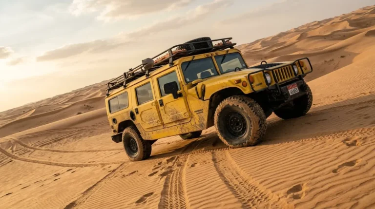 A Hummer parked on a sand dune in the Al Khatim desert near Abu Dhabi