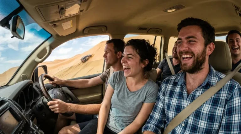 Inside a Land Cruiser during dune bashing, showing the roll cage and belts