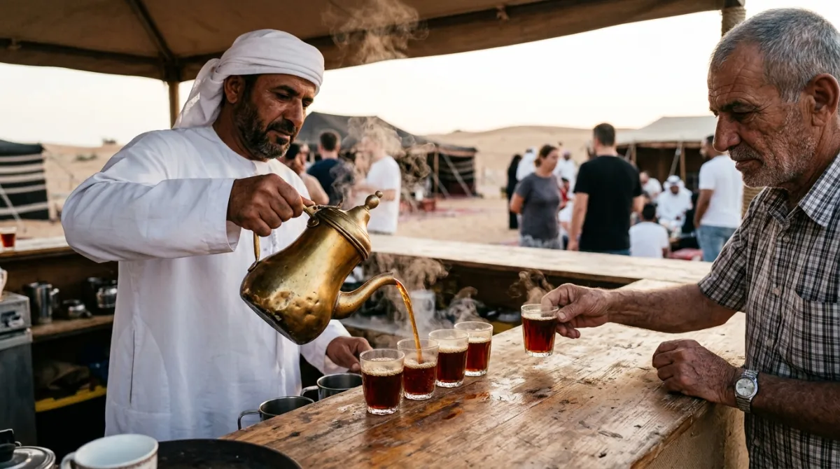 Karak tea being poured into small glasses at a desert camp near Abu Dhabi