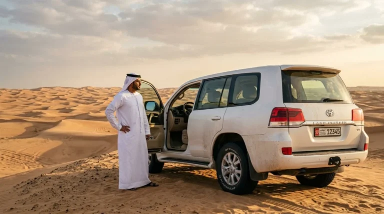 A white Land Cruiser parked on a dune crest with its driver standing beside it on an Abu Dhabi desert safari