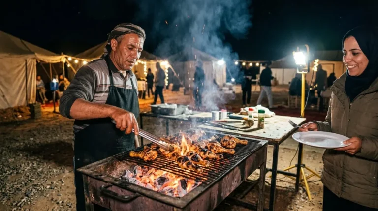 A chef grilling chicken and lamb at the live grill of a desert camp near Abu Dhabi