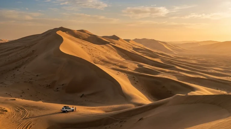 The towering dunes of Liwa with a 4x4 tiny at their base