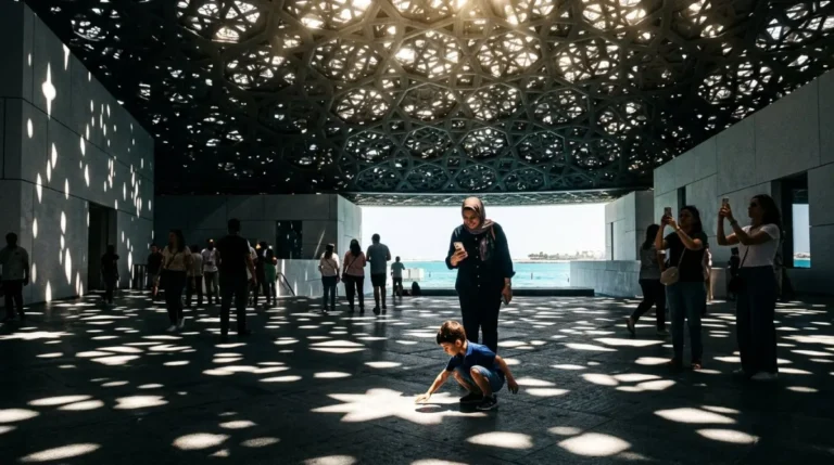 A visitor under the rain-of-light dome at the Louvre Abu Dhabi