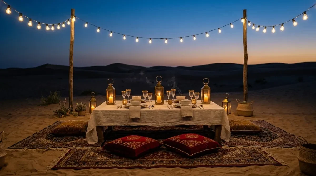 Private dinner table set with lanterns and string lights in the desert at dusk