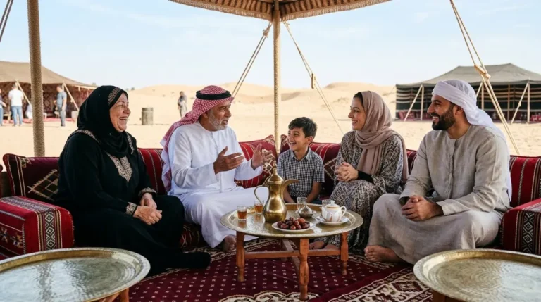 A family sitting cross-legged on carpets and cushions in the majlis seating area of an Abu Dhabi desert camp