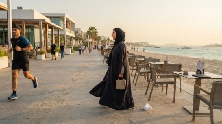 The Mamsha Al Saadiyat promenade at golden hour