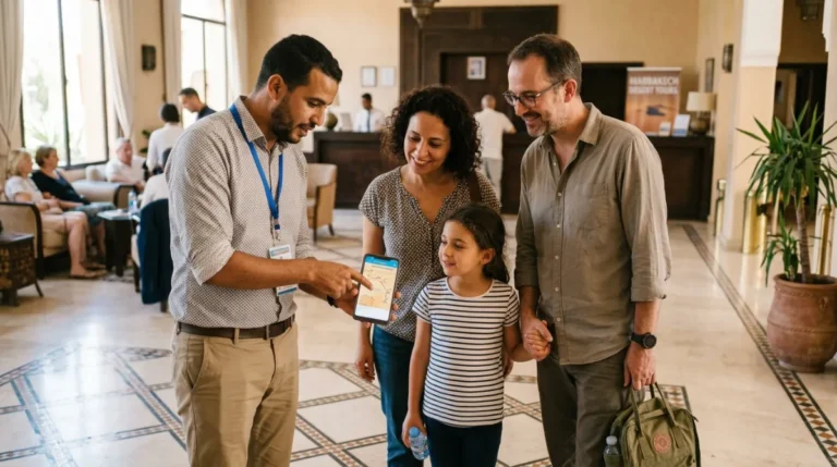 A guide showing a family the route on his phone in a hotel lobby before an Abu Dhabi desert safari