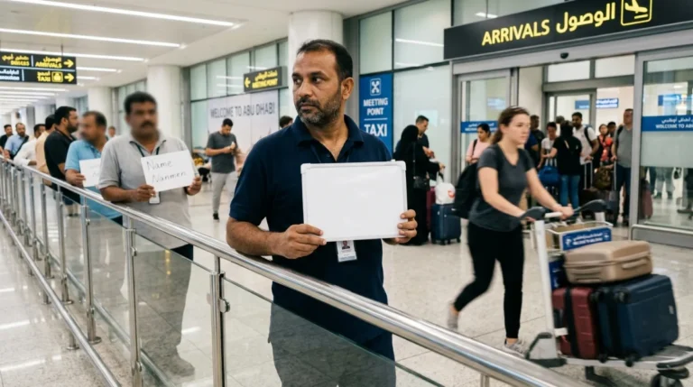 A driver holding a blank name board in the arrivals hall at Abu Dhabi airport, waiting for desert safari guests