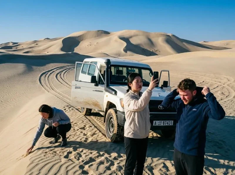 Guests standing beside their 4x4 on cool morning dunes during a morning desert safari in Abu Dhabi