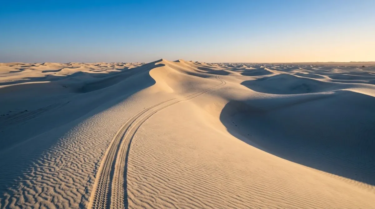 Pale morning dunes with fresh 4x4 tracks running along the ridge
