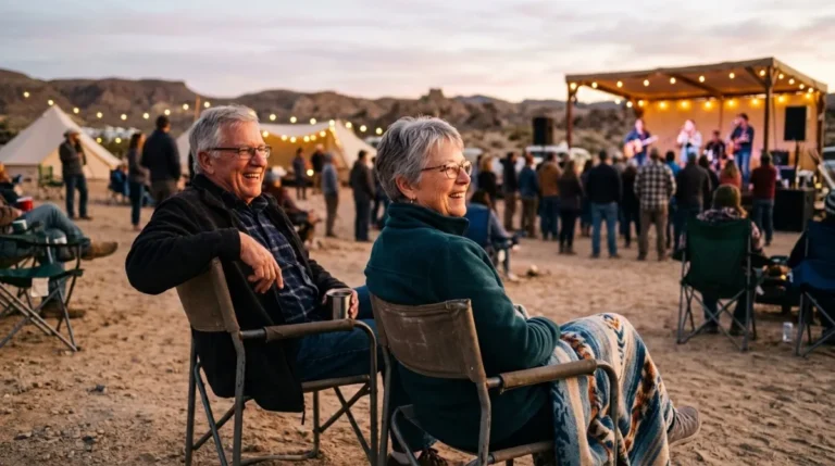 An older couple seated in comfortable chairs watching the show at an Abu Dhabi desert camp