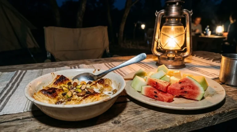 A bowl of Om Ali beside sliced fruit at a desert camp near Abu Dhabi