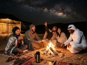 Overnight desert safari Abu Dhabi Bedouin camp fire