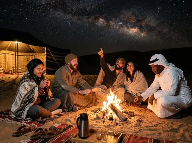 Guests gathered around a campfire at a Bedouin overnight desert safari camp in Abu Dhabi