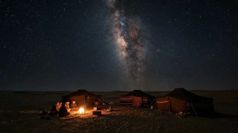 Bedouin tents and a campfire under the Milky Way on an overnight desert safari