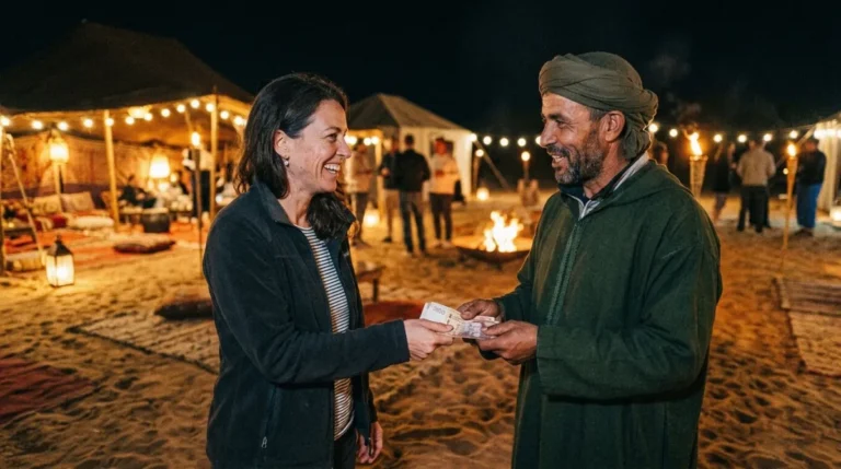 A guest paying the guide in cash at the desert camp at the end of an Abu Dhabi desert safari