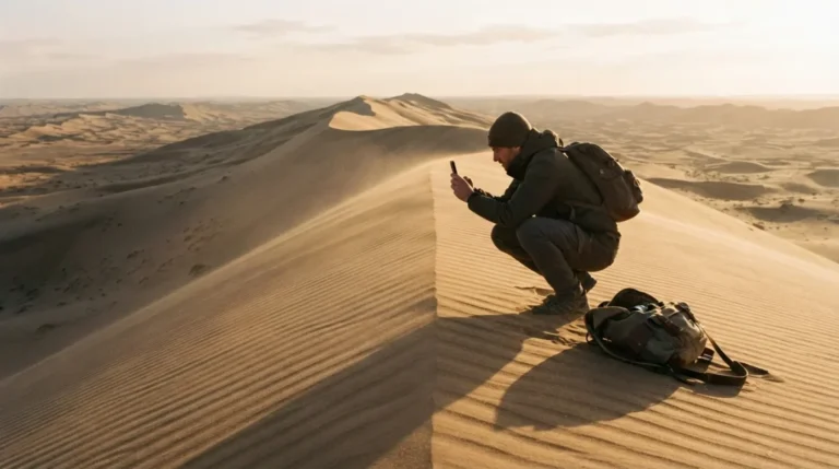 A photographer crouched on a dune crest shooting the ridgeline at golden hour in the Abu Dhabi desert