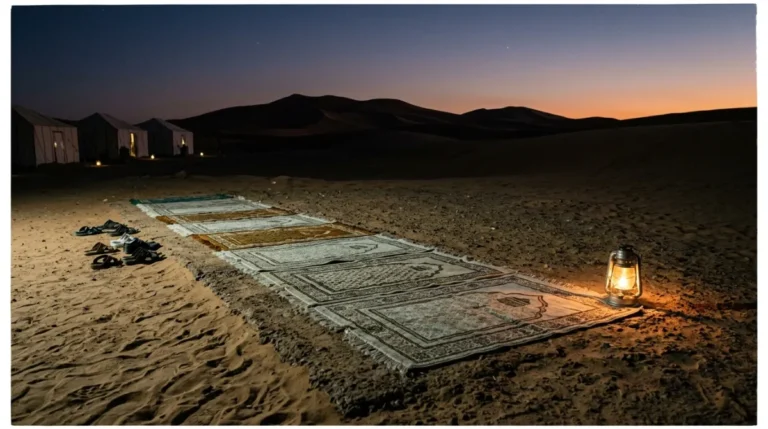 Carpets laid out for prayer beside a lantern at an Abu Dhabi desert camp at dusk